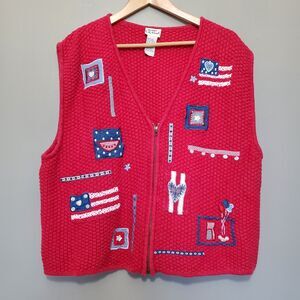 Vintage Koret City Blues Sweater Vest Womens Size XL Red Knit Full Zip Americana